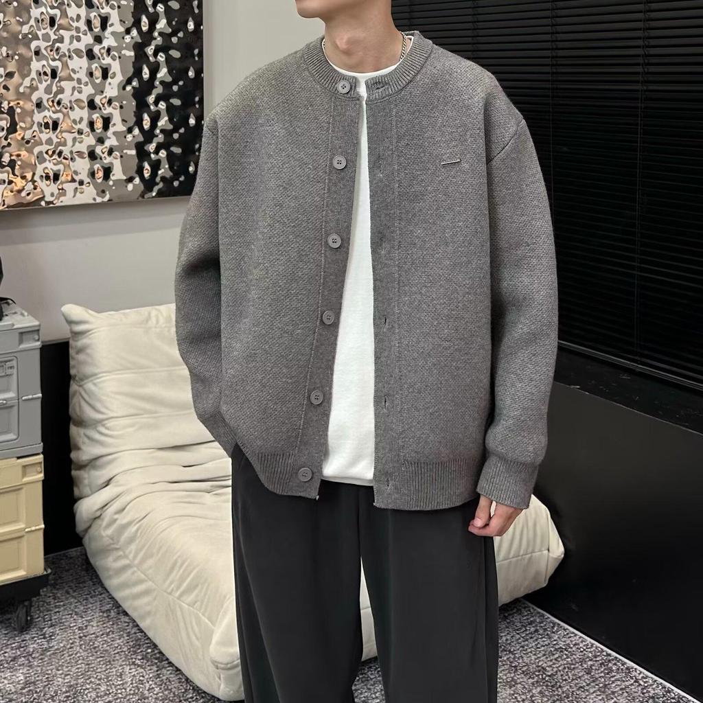 Осень 2024 Унисекс Вязаный кардиган свободного кроя с бейсбольным воротником.