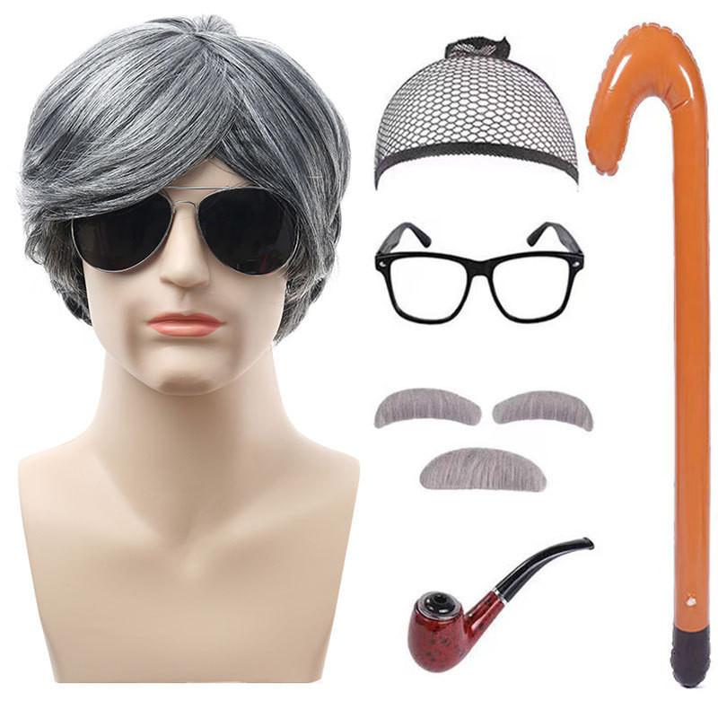 Аутентичный костюм дедушки с серым париком, аксессуарами для бороды и тростью для праздничных торжеств