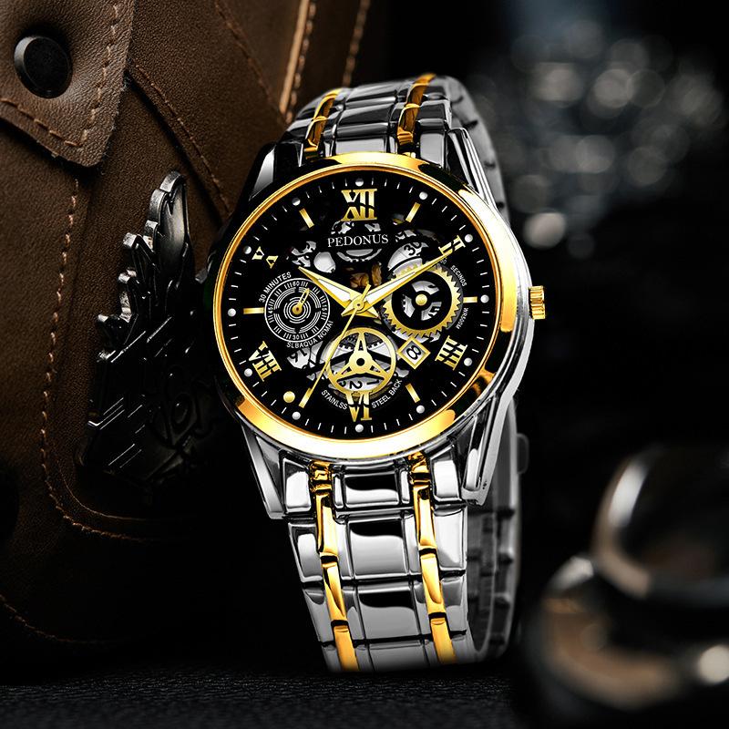 New Fashion Luxury Man Business Hollow Skeleton Faux Mechanical Watch Men Stainless Steel Quartz Watches Male Clock reloj hombre