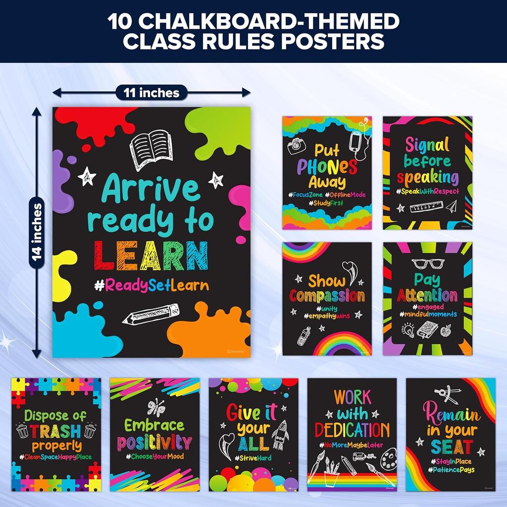 Decorably 20 Chalkboard Classroom Rules Poster High School, Middle and Elementary Class, pirational, Matte-Laminated School Banner Decor - for School