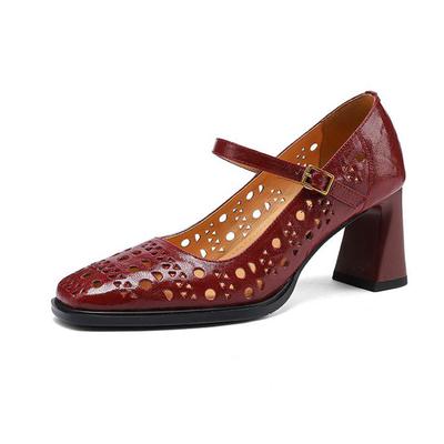 Krazing Pot Овчина Квадратный Носок Размер 41 Толстый Высокий Каблук Слипоны Металлическая Пряжка Полый Стиль Красота Осень Туфли-лодочки