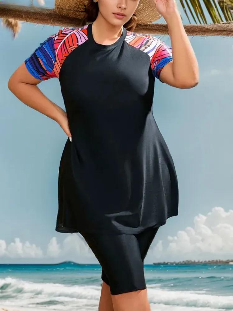 2025 Лоскутный комплект из 2 предметов большого размера танкини женский большой мусульманский купальник с высокой талией женский купальник пухлый пышный купальный костюм