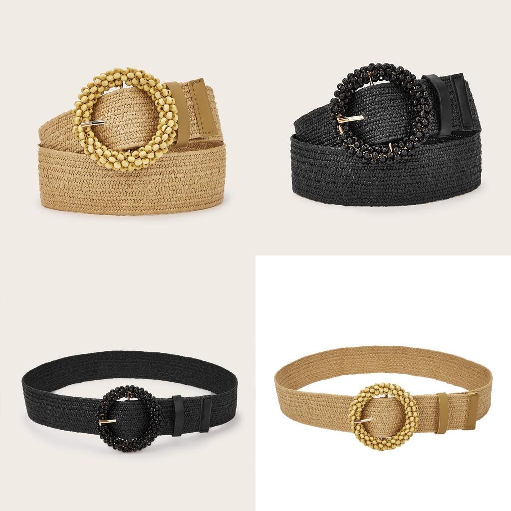 Simple Solid Color Bead Ring Buckle Decoration Women Woven Belt For Casual Ethnic Wear