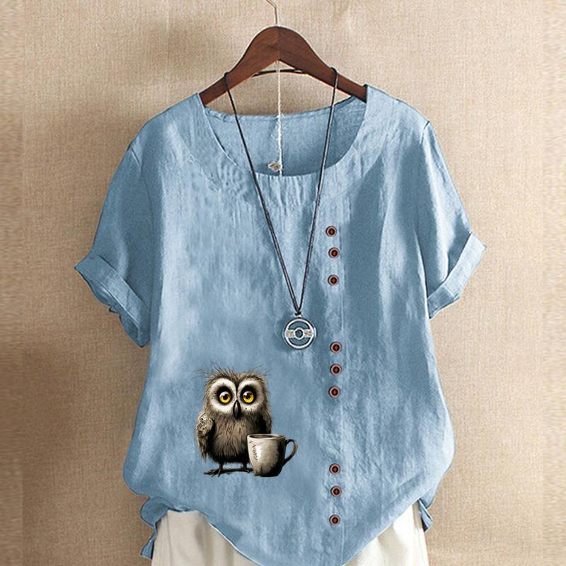 Women's Fashion Owl Prined Short Sleeve T-shirt Loose Cotton Shirt Casual Loose Summer Blouse Plus Size Tops