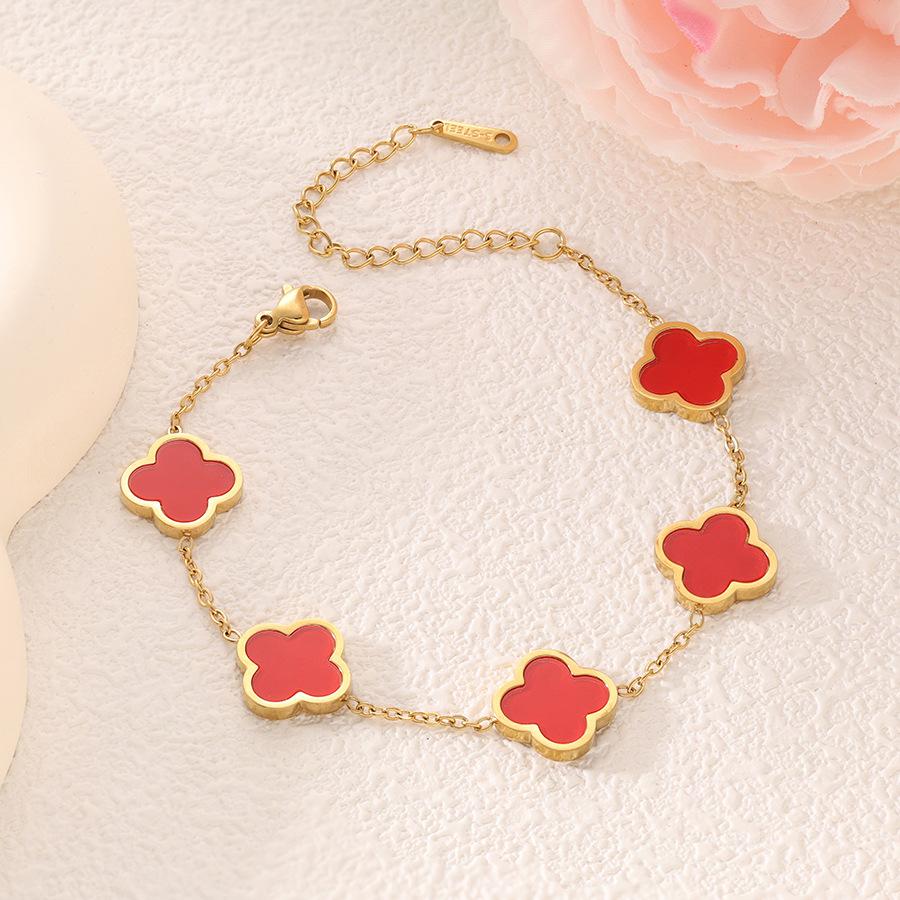 Модный новый браслет из титановой стали 18 карат с четырехлистным клевером и перламутром не выцветает, женское украшение для рук