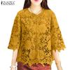 ZANZEA Женская повседневная блузка с рукавом 3/4, кружевной вязкой крючком, лоскутная, свободного кроя