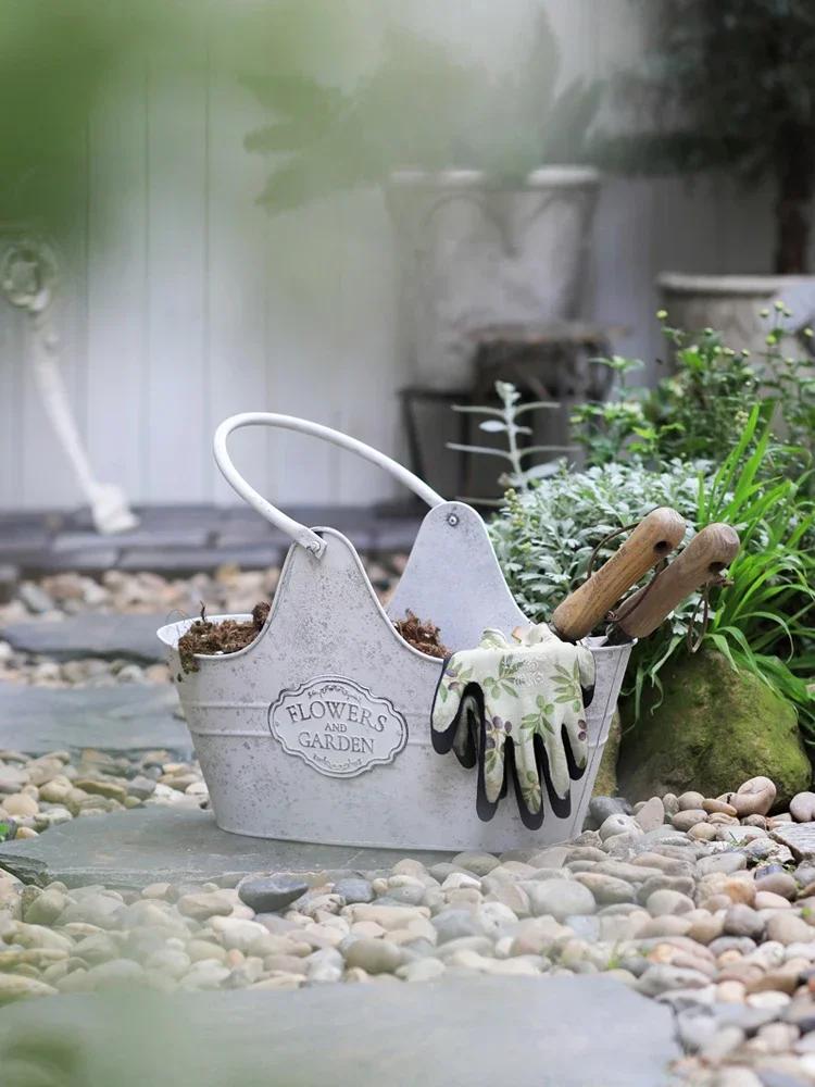 Металлическая кованая корзина для цветов, предметы интерьера, хранение инструментов во дворе, подвесная корзина, сад, балкон, европейский ретро-стиль, украшение