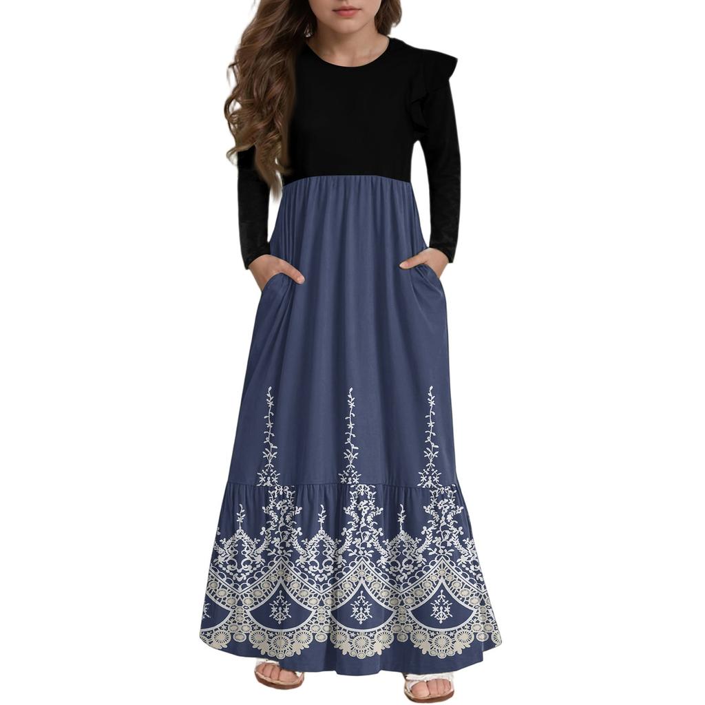Girls' Tiered Ruffle Dress - Long Sleeve Printed Maxi With Pockets