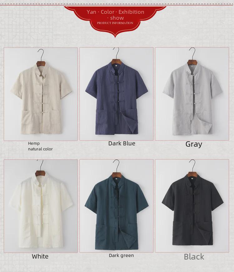 Мужской летний тонкий льняной костюм Танг - топ с короткими рукавами для людей среднего и пожилого возраста