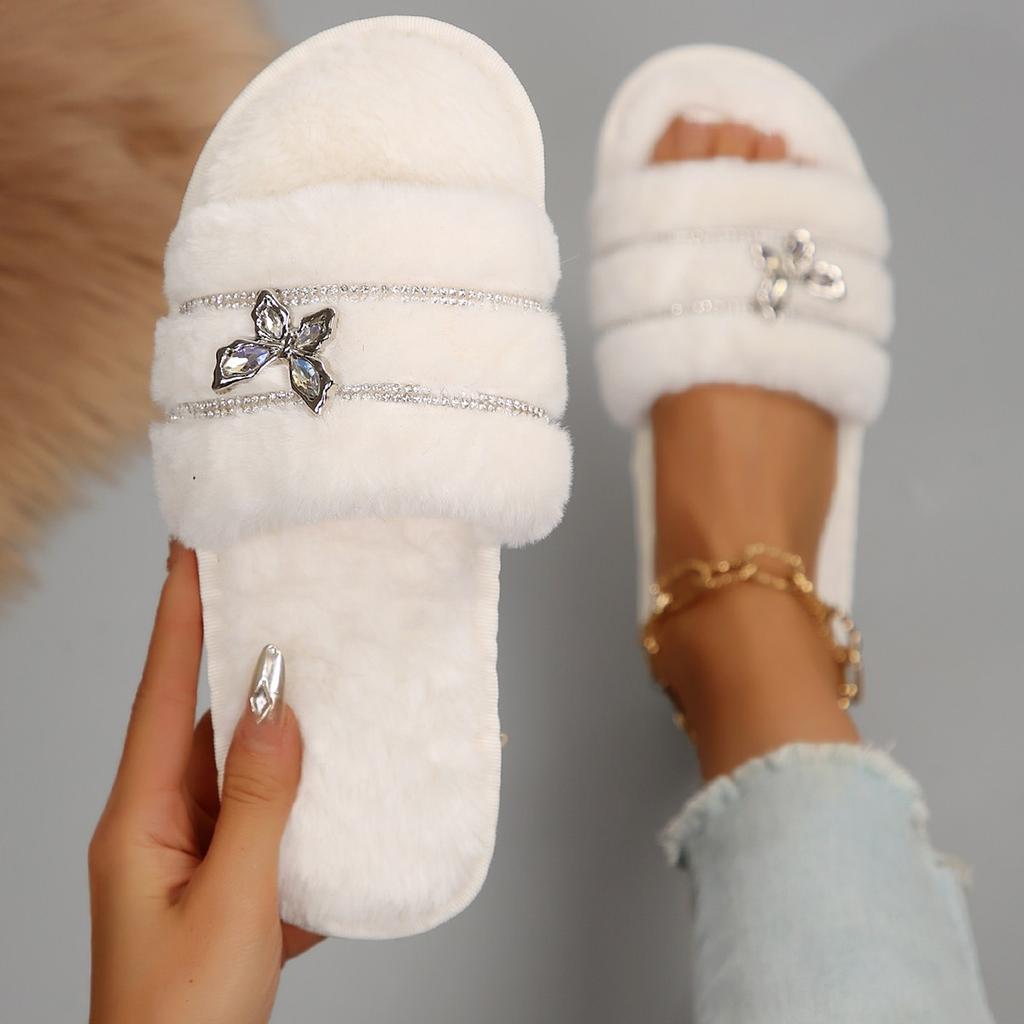 Warm Furry Slippers Women Thick Fluffy Fur Slippers Butterfly Crystal Rivet House Flip Flops Home Slides Flat Indoor Floor Shoes