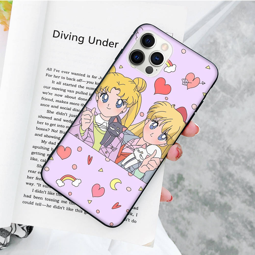 Мягкий черный чехол JW88 Sailor Moon для iPhone 16 15 Plus 14 13 Pro 8 SE XR XS Max P30 Nova 5T Y5P Y6 Y7 Y8P Y9 Realme C30 C33 C31 VIVO Y36 V27