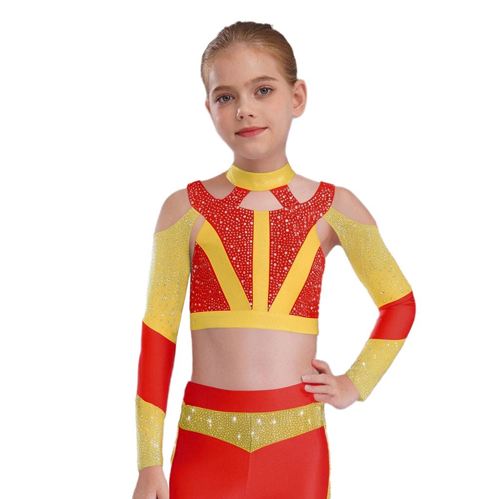 Girls Gymnastics Dance Top Long Sleeve Shiny Rhinestone Color Block Cross Back Cutout Crop Top
