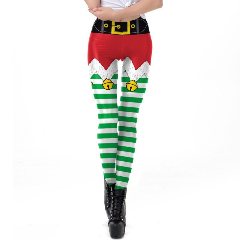 Womens Christmas Striped Print Slim Mid-Rise Leggings Cosplay Bottoms