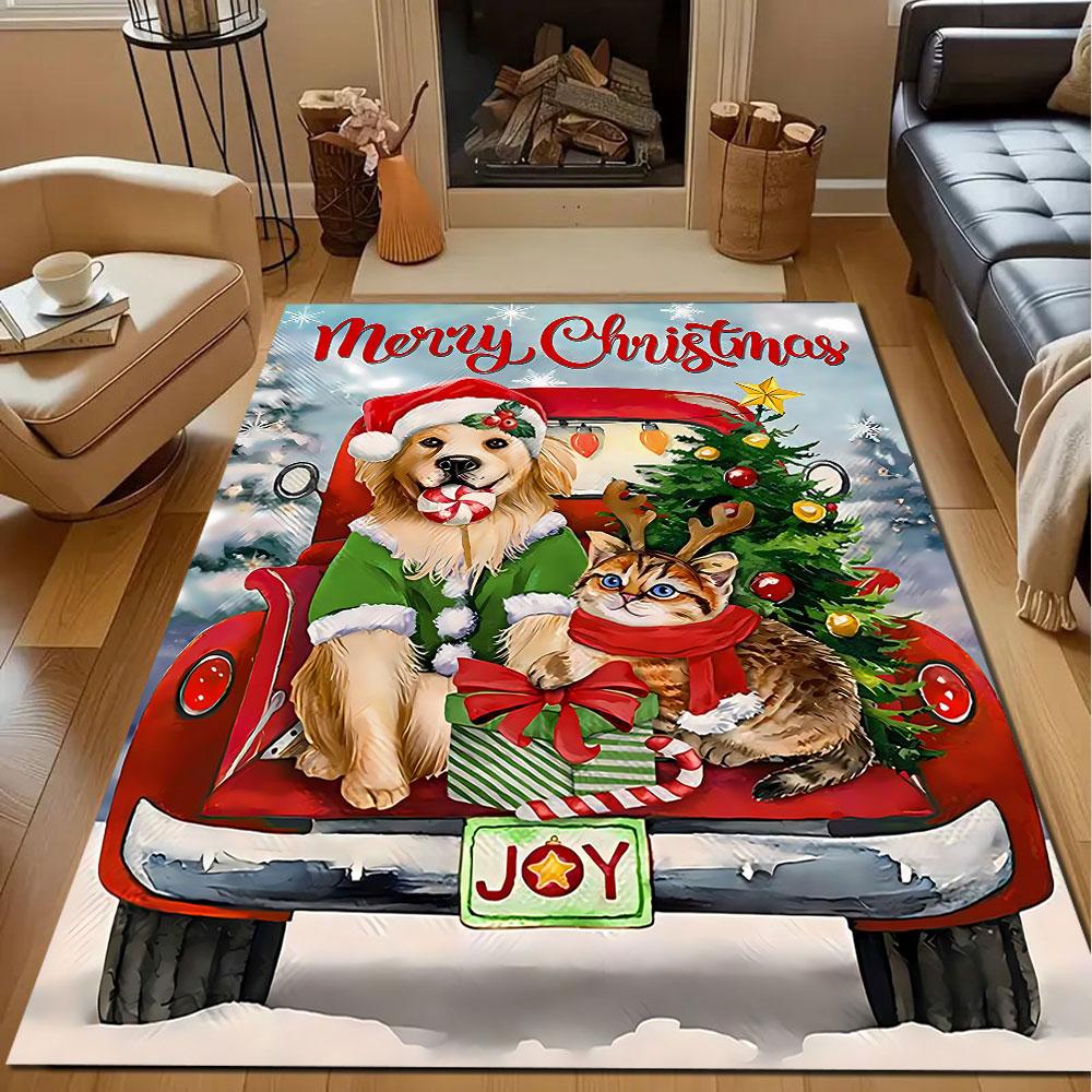 Golden Retriever & Cat Christmas Joy Scene Patterned carpet, non slip mat suitable for living room and bedroom sofas