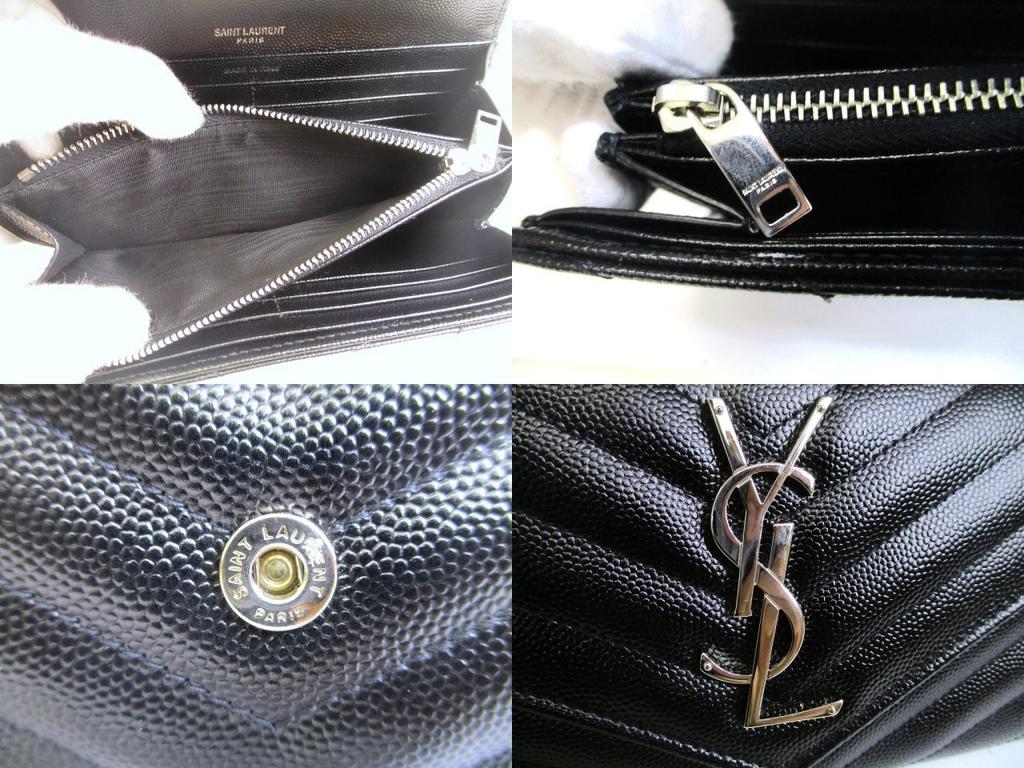 Оригинальный кошелек Saint Laurent YSL серебристый мотив YSL черная кожа длинный кошелек с клапаном #a875 Восстановленный
