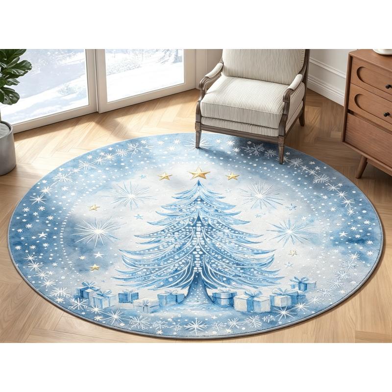 Assorted Christmas Holiday Round Rug Multiple Xmas Tree Star Snowflake Motif Decorative Floor Mat for Festive Home Ornament