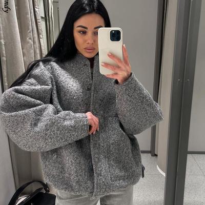 Женские куртки на пуговицах, бомберы, серое пальто с длинными рукавами, женская теплая верхняя одежда с карманами, куртки на весну и зиму