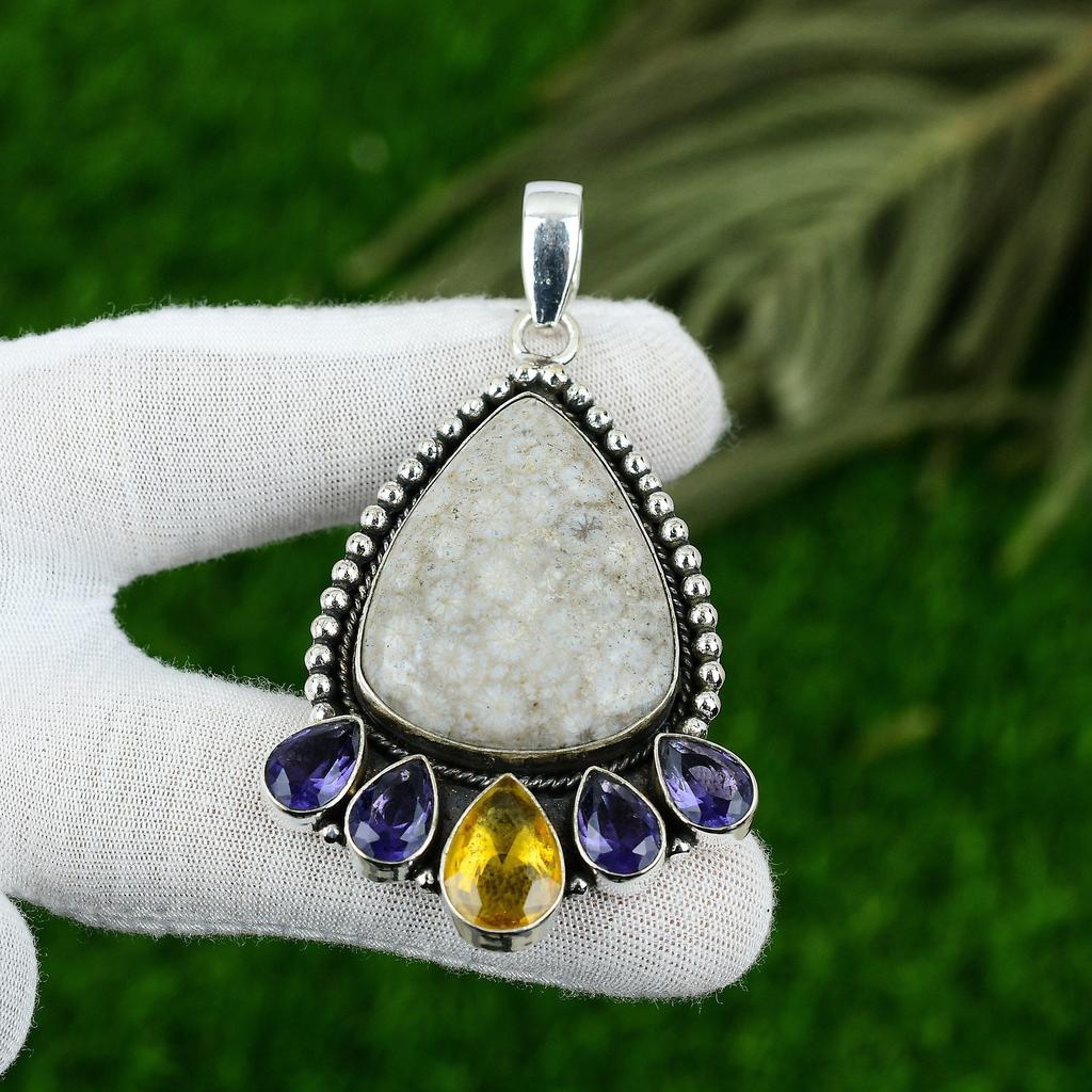 Natural Fossil Coral Gemstone Pendant 925 Sterling Silver Indian Jewelry