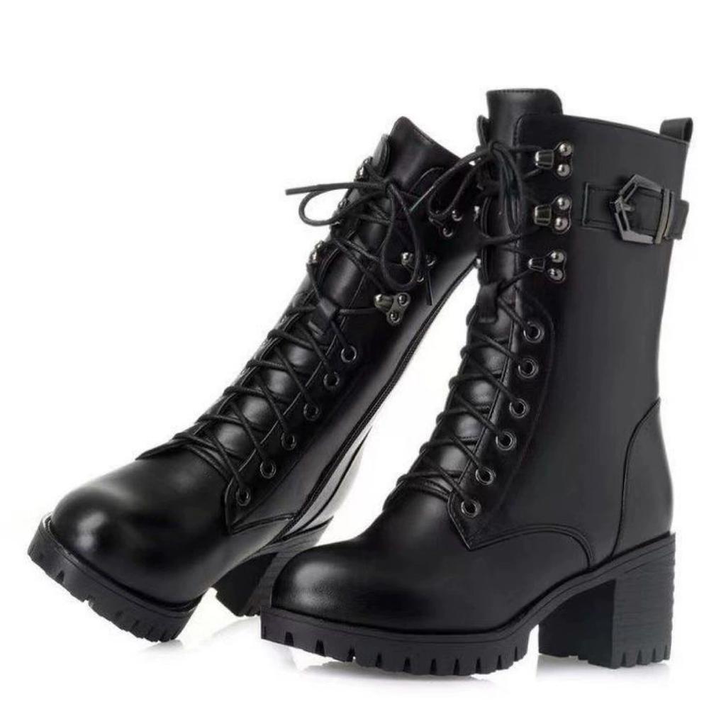 Winter High-heeled Leather Women Winter Boots Thick Wool Warm Women Military Boots High-quality Female Snow Boots