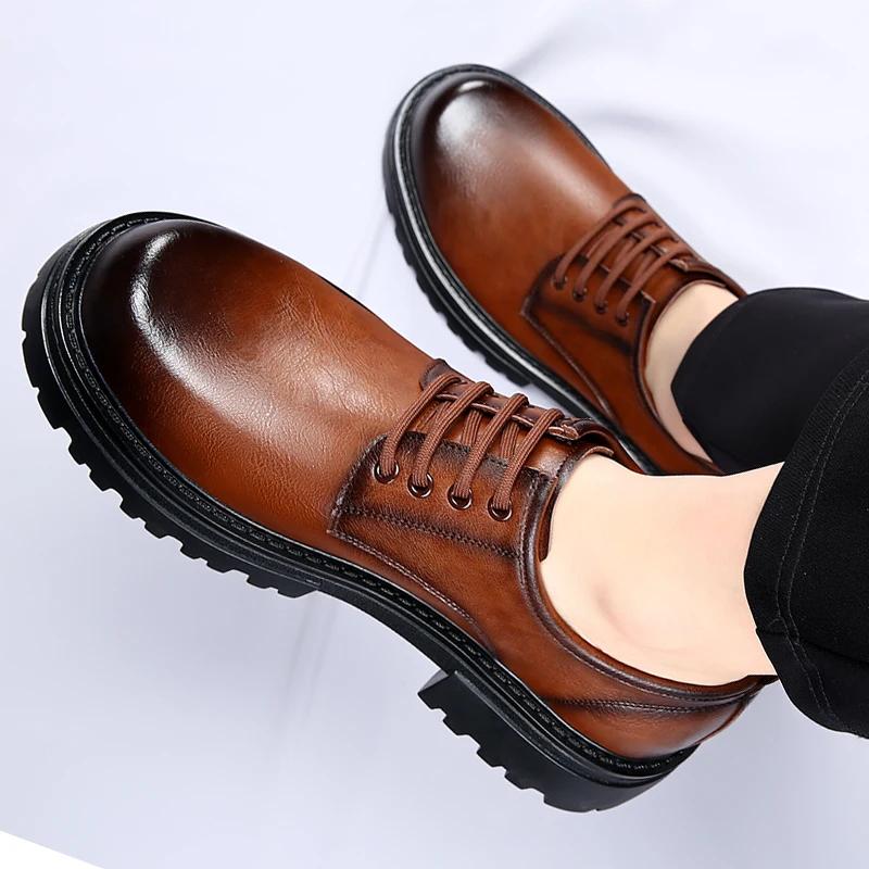 Туфли мужские из натуральной кожи на шнуровке, оксфорды на толстой платформе, деловая обувь, официальная обувь с круглым носком, винтажная обувь