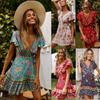 Women's Holiday Bohemian Print Mini Dress Ladies V Neck Summer Beach Sundress