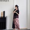 MODIQUE Summer Plus Size New Women Loose Patchwork A-Line Lace Printing Plaid Long Dresses Elegant Lady Casual Cotton O-Neck Short Sleeve Skirt