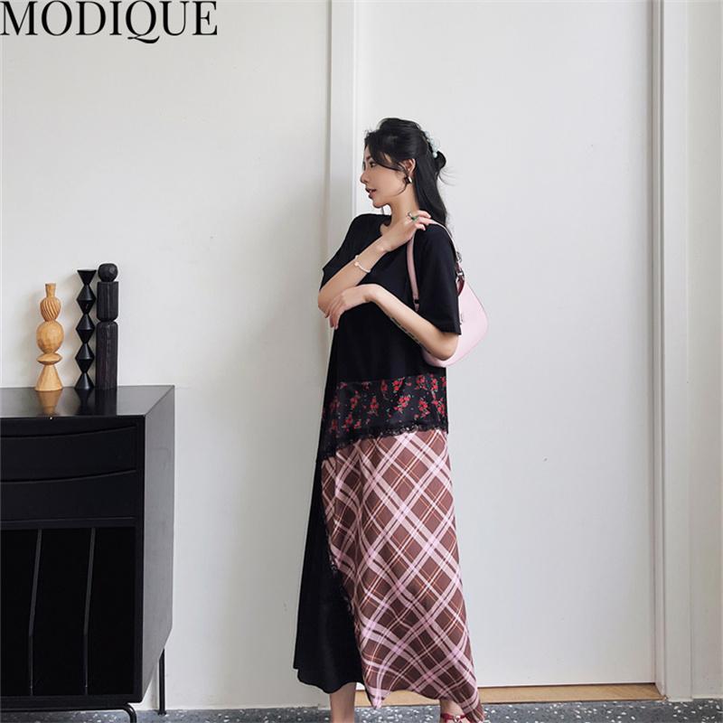 MODIQUE Summer Plus Size New Women Loose Patchwork A-Line Lace Printing Plaid Long Dresses Elegant Lady Casual Cotton O-Neck Short Sleeve Skirt
