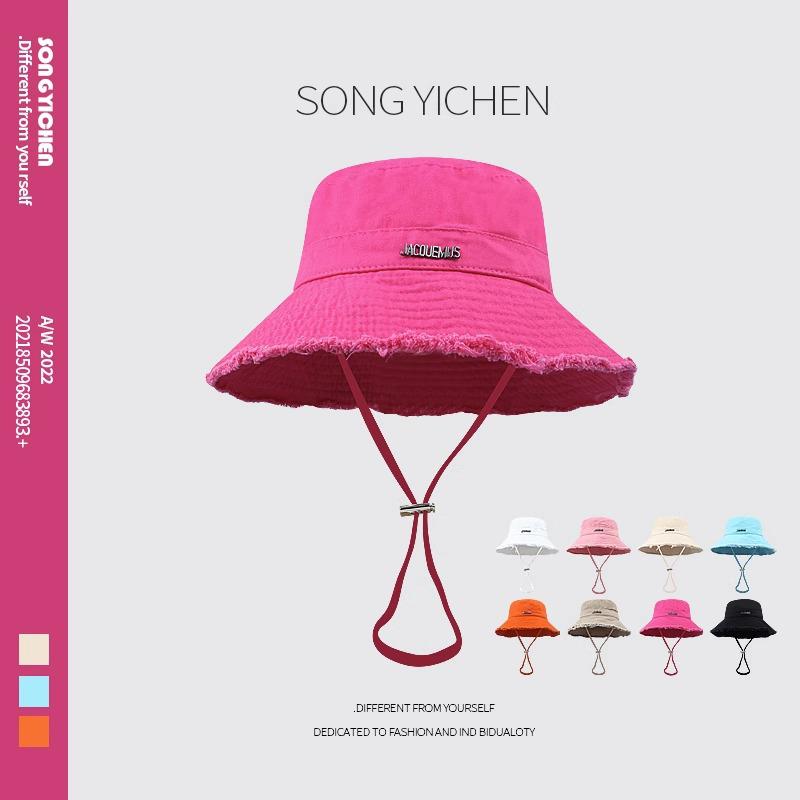 HyunA Style Colorful Spring Sun Hat: Large Brim Fisherman Hat with Fur-Edged Rope, Ideal for Vacation, Sun Protection & Street Photography.