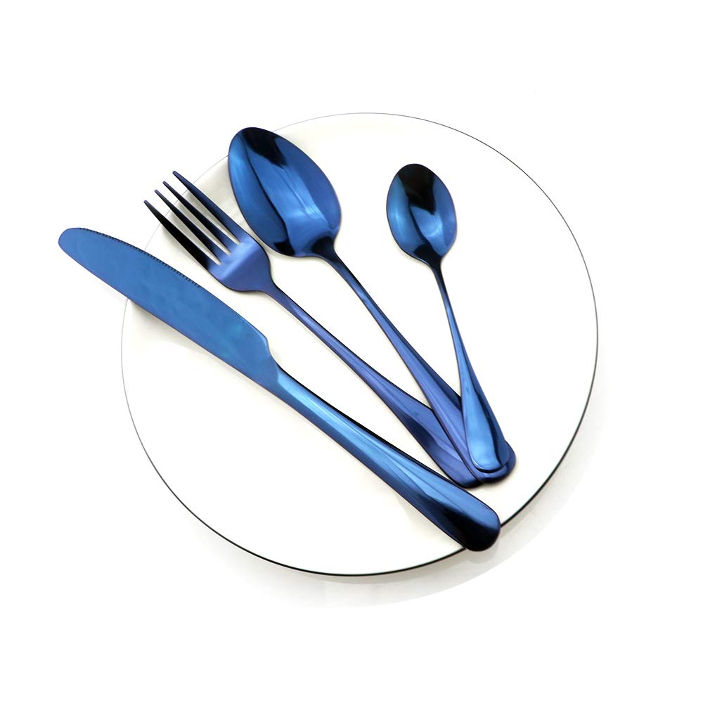 Набор столовых приборов для путешествий, многоразовый глянцевый синий набор столовых приборов из нержавеющей стали 18/8, столовая посуда, набор посуды, вилка, чайная ложка с металлическими соломинками, черный мешочек