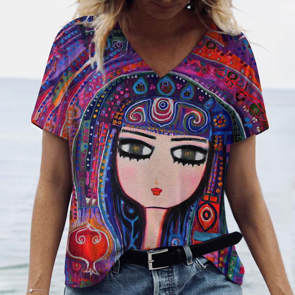 Summer Cartoon T-shirt Graphic Printing V-neck Short-sleeved Pullover Outdoor Casual Women's T-shirt