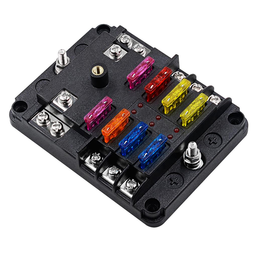 Waterproof 12 Volt Fuse Block, 6 Way with 6 Ground Negative Busbar[100 Amp Max] [ATC/ATO Fuses] [LED Indicator] [2 Spare Fuse Slots] for Car Boat Etc.