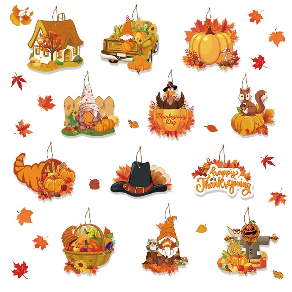12Pcs Hanging Ornaments Thanksgiving Fall Tree Decorations Paper Hanging Signs And Pendant With Ropes Decor