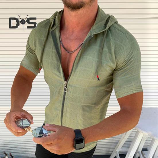 Мужская футболка с капюшоном, короткими рукавами, клетчатая футболка на молнии, повседневный тонкий летний топ для спорта, отдыха на природе, пляжа