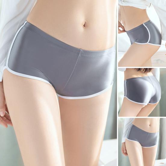 Women Underpants Smooth Ice Silk Solid Color Mid Waist Moisture-wicking Slim Fit High Elasticity Daily Wear Lady Boxers