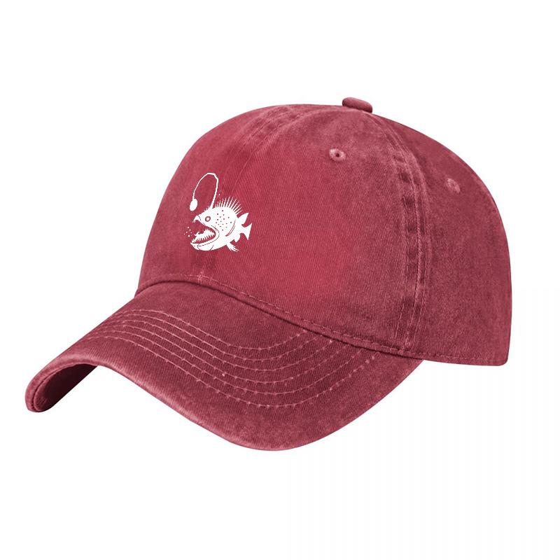 Angler Fish Design Washed Cotton Baseball Cap Dark Gray Embroidered Sea Creature Pattern Adjustable Dad Hat
