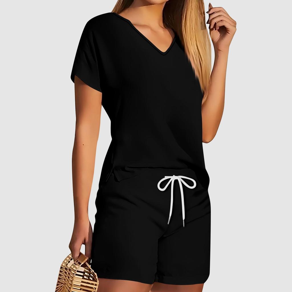 Женские комплекты футболок, футболок и шорт, повседневные комплекты с v-образным вырезом, стандартный крой, элегантные повседневные комплекты 2024, однотонные комплекты