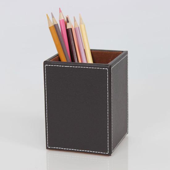 Pen Holder White Stitching Faux Leather Desk Organizer Waterproof Easy To Clean Square Pencil Holder