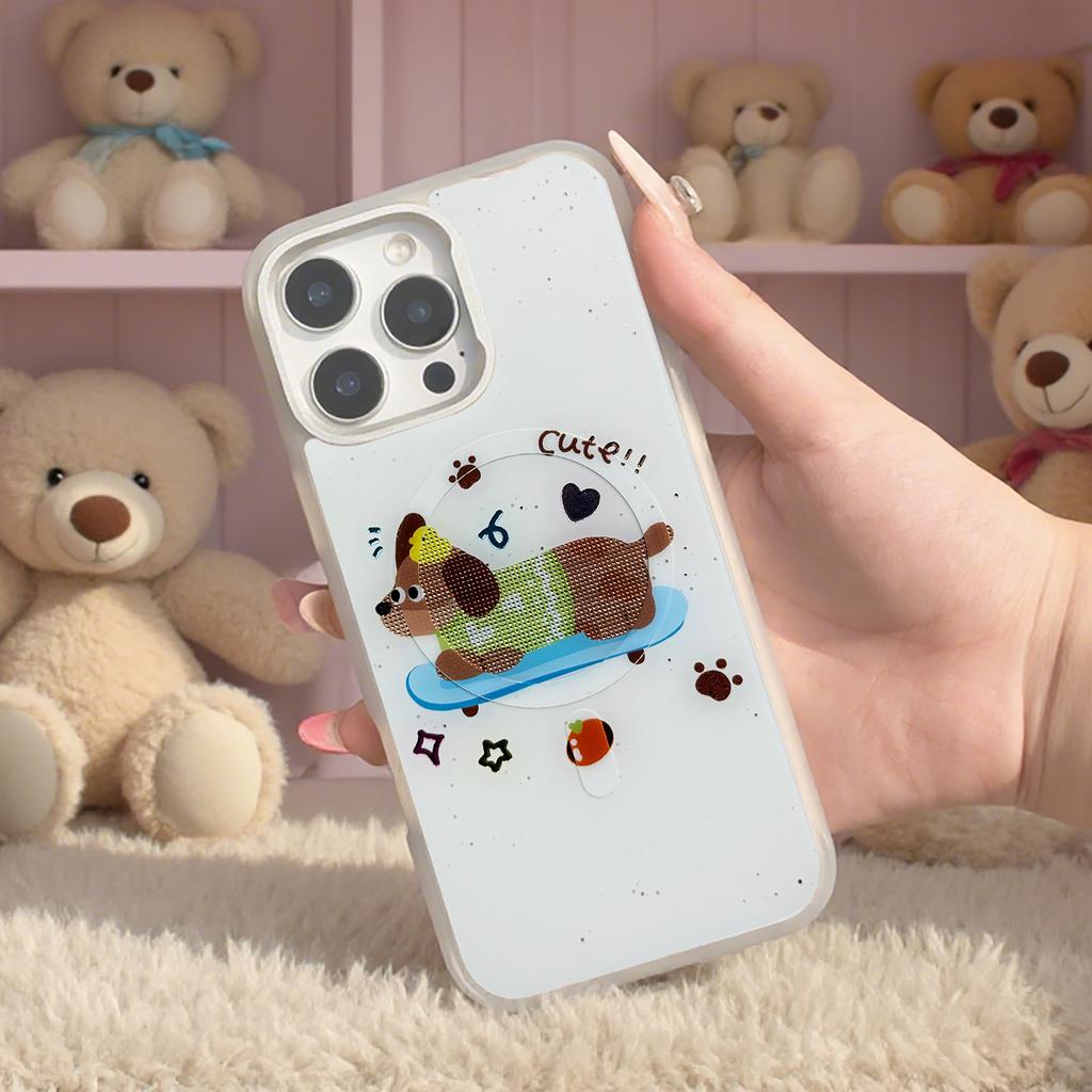 For iPhone 16 Pro Magnetic Case TPU PC Phone Cover with Skateboarding Dachshund Backplate