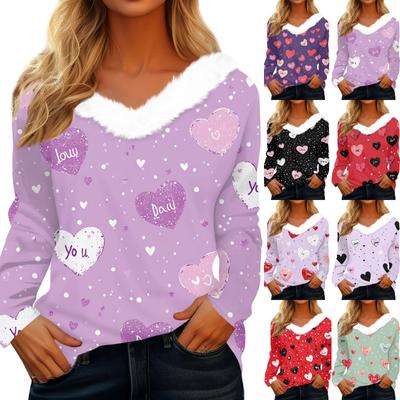 Женская рубашка с длинным рукавом и принтом в виде сердца ко Дню святого Валентина, повседневная свободная футболка с V-образным вырезом, топы