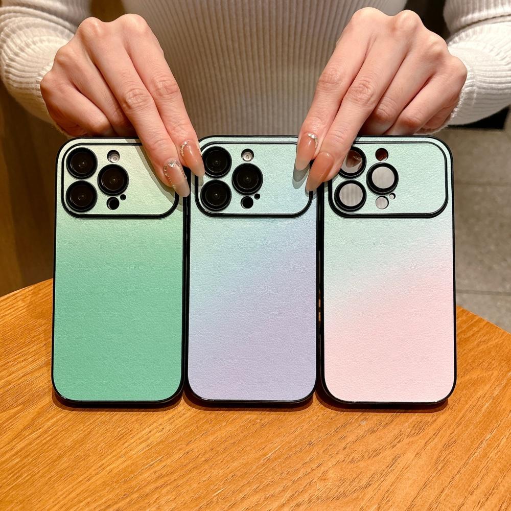 Модный Чехол Для Телефона С Текстурой Кожи И Градиентом Цвета Для iPhone 17 16 15 14 Plus 13 Pro Max Пленка На Камеру Матовый Бампер Ударопрочный Чехол