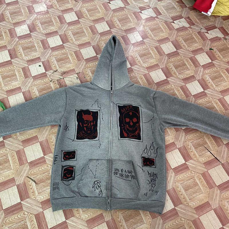 2025 New Fashion American Street Retro Y2K Men and Women with Demon Print Patch Loose Hooded Sweater Coat