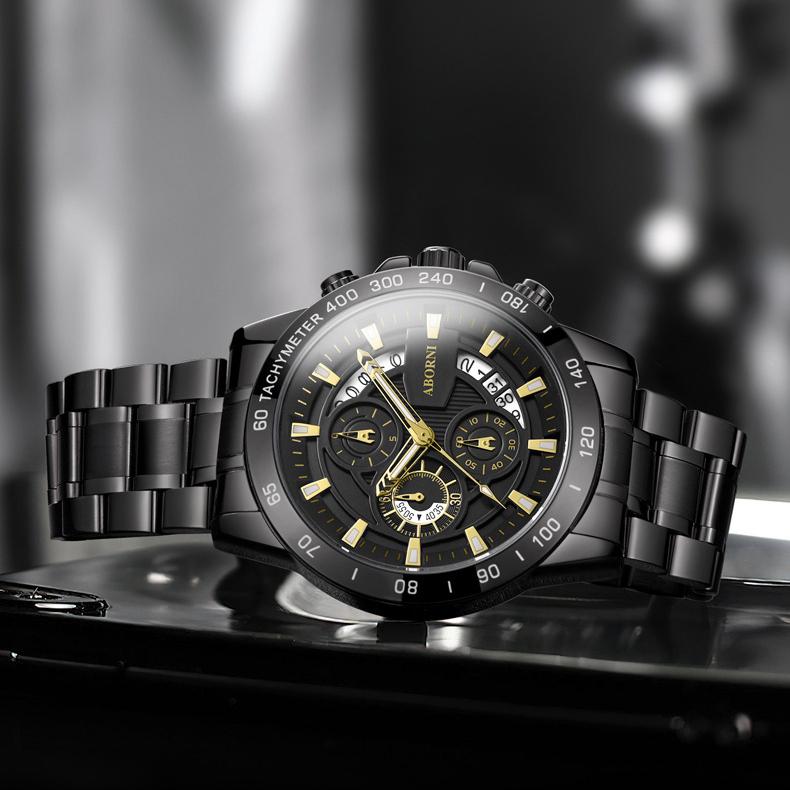 ABORNI WATCH Мужские деловые светящиеся в темноте водонепроницаемые стальные мужские часы с хронографом Кварцевые часы