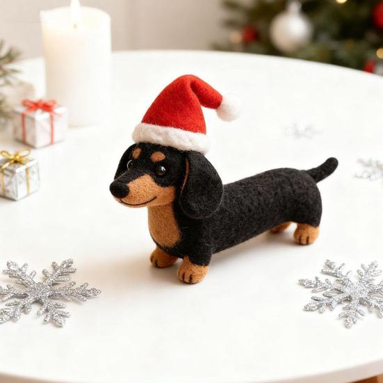 1/2Pcs Christmas Felt Dachshund Figurine Handcrafted Santa Hat Dog Ornament Simulation Puppy Statue Animal Sculpture Home Office Desktop Decoration