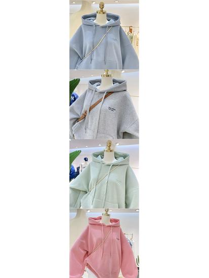 Women's Fleece-Lined Patchwork Hooded Sweatshirt - 2025 Autumn/Winter Korean Style Embroidered Loose Fit