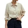 Tassel Long Sleeve Blouse Turn Down Collar Drop Shoulder Button Up Tassel Trim Blouse Shirt Apricot