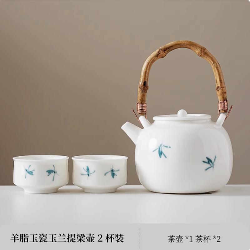 Suet jade porcelain hand-painted magnolia flower household beam pot large kung fu tea set teapot cool kettle ceramic
