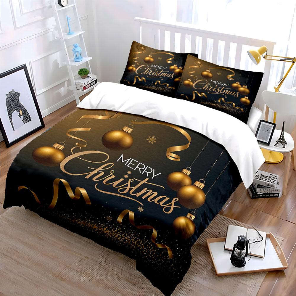 Golden Merry Christmas Decor Bedding Duvet Cover Set Duvet Cover Pillowcases (1*Duvet Cover 2*Pillowcases, without duvet insert)