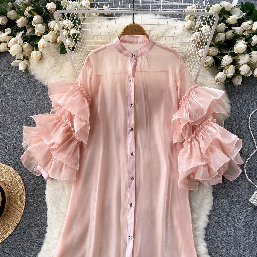 RUGOD Весеннее однобортное платье в европейском и американском стиле с французскими рюшами и трехмерными цветочными рукавами