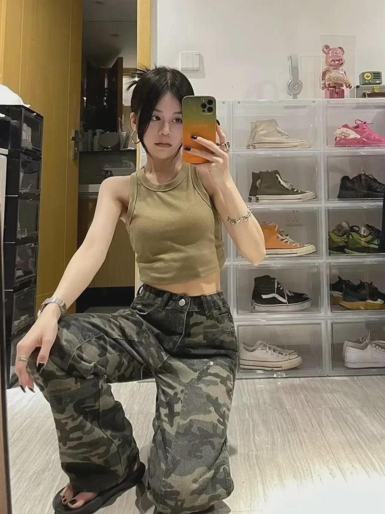 Женский повседневный комбинезон в корейском камуфляже 2023 года — свободные, облегающие, прямые брюки в стиле High Street.