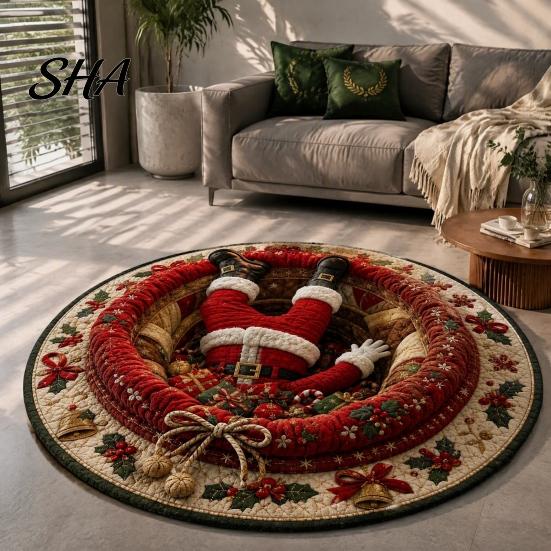 Soft Crystal Velvet Carpet Round Christmas 3D Rug, Optical Illusion Area Santa Claus Gnome Quilted-Like Comfortable Barefoot Floor Mat Anti-slip